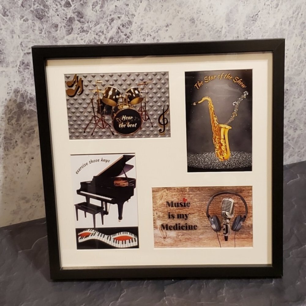 Music is My Medicine-Instrument Collage-13x13x1 in Fully Framed